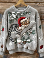 Women's Christmas Cute Sleep Cat Flannel Sweatshirt