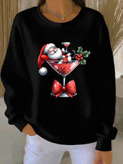Women's Santa Claus Printed Ribbed Round-Neck Sweatshirt