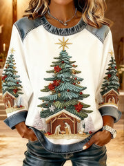 Women's Christian Nativity Scene Greatest Gift of All Denim Patchwork Top