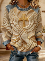 Women's Faith Cross Art Denim Patchwork Top