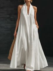 Women's solid color V-neck cotton linen dress