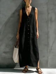 Women's cotton linen V-neck button sleeveless loose long dress