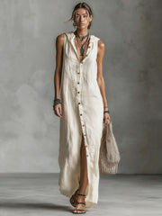 Women's casual loose sleeveless single-breasted cotton linen hooded dress