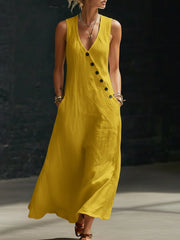 Women's V-neck button-down cotton linen sleeveless vest dress
