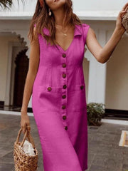 Women's V-neck single-breasted button-down dress