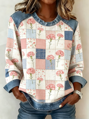 Women's Carnation Floral Print Denim Patchwork Top