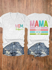 Women's Mama Stressed Blessed Sometimes A Mess Mother's Day Gift Casual V-Neck Tee