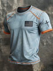 Men's Faith Cross And American Flag Print T-Shirt