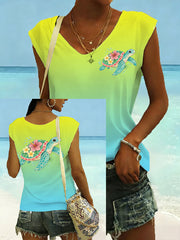 Women's Floral Sea Turtle Print Casual Sleeveless Tee