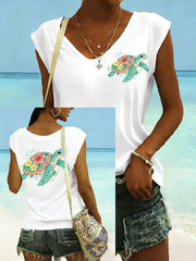 Women's Floral Sea Turtle Print Casual Sleeveless Tee