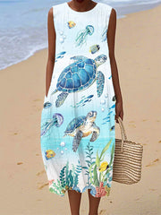 Women's Cute Sea Turtle Print Casual Sleeveless Midi Dress