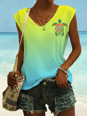 Women's Floral Sea Turtle Print Casual Sleeveless Tee