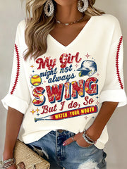 Women's My Girl Might Not Always Swing Print Baseball Mom Shirt