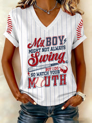 Women's My Boy Might Not Always Swing Print Baseball Mom T-shirt