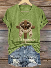 Women's He Is Risen It’s Finished Easter Jesus Christian Cross Print Casual V-Neck Tee