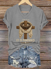 Women's He Is Risen It’s Finished Easter Jesus Christian Cross Print Casual V-Neck Tee