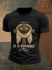 Men's He Is Risen It’s Finished Jesus Christian Cross Print Casual Tee