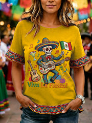 Women's Viva La Fiesta! Skull Print Casual Ruffle Sleeve Tee