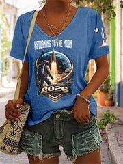 Women's Return To The Moon 2026 Casual V-Neck Tee