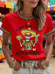 Women's Funny Cinco De Drinko Bitchachos Skeleton Print Casual Tee
