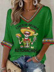 Women's Funny Cinco De Drinko Bitchachos Skeleton Print Casual Waffle Top