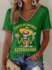 Women's Funny Cinco De Mayo Bitchachos Skull Print V-Neck Tee