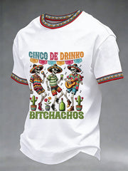 Men's Funny Cinco De Drinko Bitchachos Skeleton Print Casual Short-Sleeve T-shirt