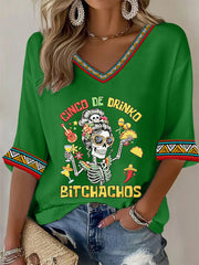 Women's Funny Cinco De Drinko Bitchachos Skeleton Print Casual Waffle T-shirt