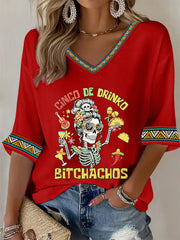 Women's Funny Cinco De Drinko Bitchachos Skeleton Print Casual Waffle T-shirt