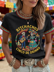 Women's Funny Cinco De Drinko Bitchachos Skeleton Print Casual Tee
