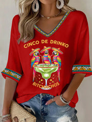 Women's Funny Cinco De Drinko Bitchachos Parrots Print Casual Waffle Top