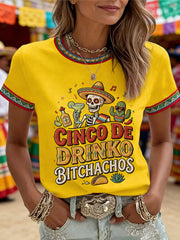 Women's Funny Cinco De Drinko Bitchachos Skull Print Tee
