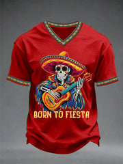 Men's Born To Fiesta Skeleton Print Casual V-Neack Tee
