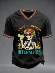 Men's Funny Cinco De Drinko Bitchachos Skeleton Print Casual Short-Sleeve V-neck T-shirt