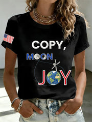 Women's Copy Moon Joy Print V Neck Short Sleeve T-shirt