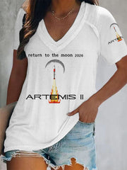 Women's Artemis II 2026 Return To The Moon For All Humanity Print Casual V-Neck Tee