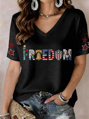 Women's Freedom Sparkly Rhinestone V-Neck T-Shirt