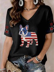 Women's Lovely French Bulldog Rhinestone Pattern V-Neck T-Shirt