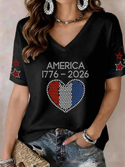 Women's Sparkly Rhinestone America 1776-2026 V-Neck T-Shirt
