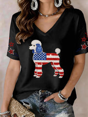Women's Lovely Poodle Dog Rhinestone Pattern V-Neck T-Shirt
