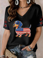 Women's Lovely Dachshund Rhinestone Pattern V-Neck T-Shirt