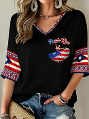 Women's Puerto Rico Printed Mid-length Sleeves V-Neck T-Shirt