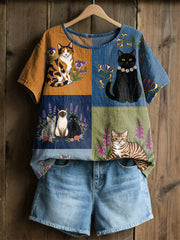 Women's Retro Floral Cats Print Casual Tee