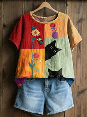 Women's Retro Floral Cats Print Casual Tee
