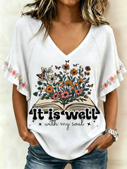 Women's It Is Well With My Soul Floral Print Casual Ruffle Sleeve Tee