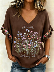 Women's It Is Well With My Soul Floral Print Casual Ruffle Sleeve Tee
