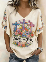 Women's Christian Cross Plants Flowers Print Casual V-NeckTee