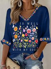 Women's It Is Well With My Soul Floral Print Casual Waffle Top