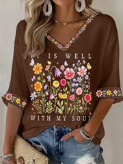 Women's It Is Well With My Soul Floral Print Casual Waffle Top