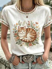 Women's Plants And Flowers Cute Cat Print Casual T-Shirt